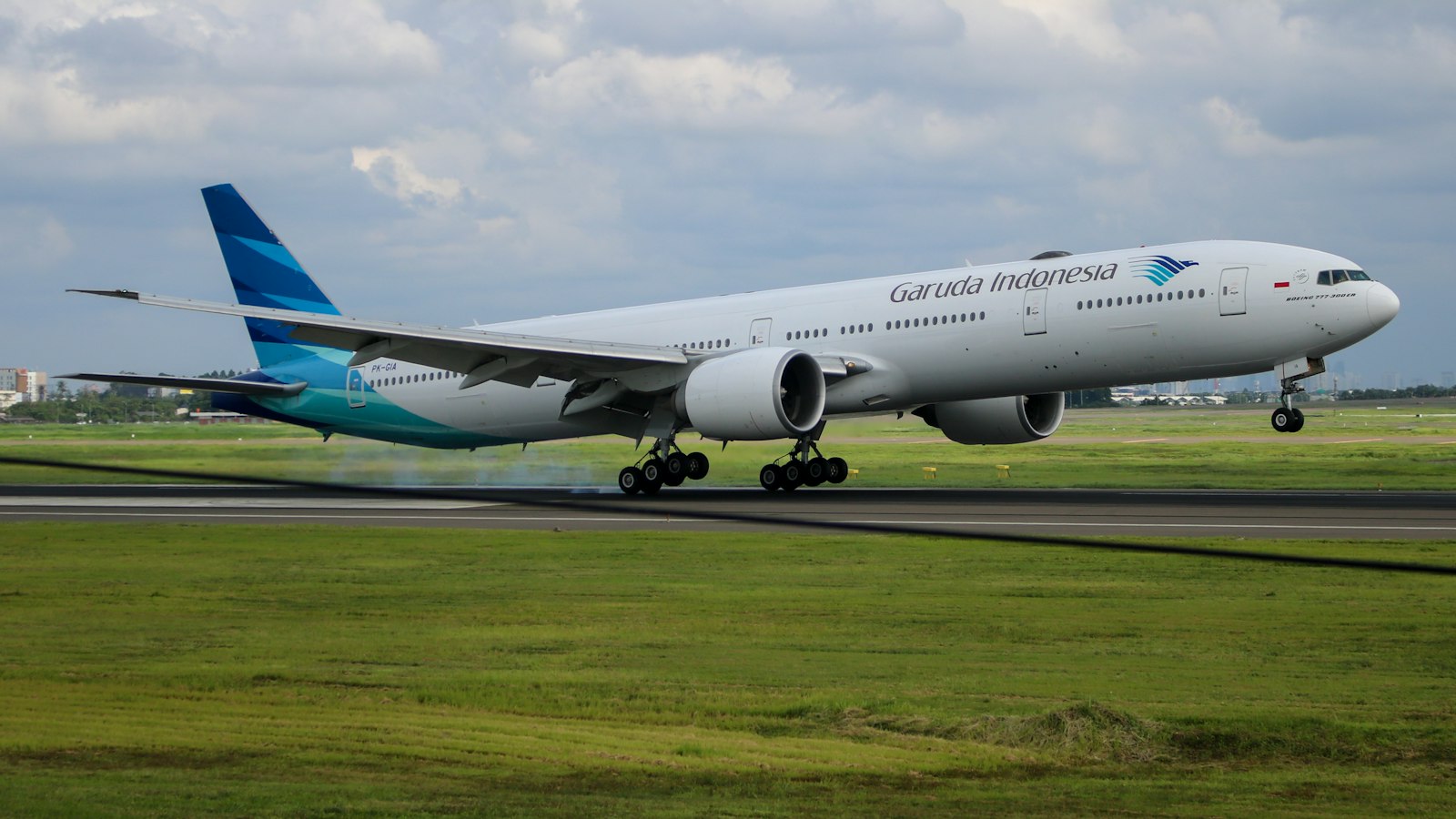 Airplane landing on a grassy runway under cloudy skies